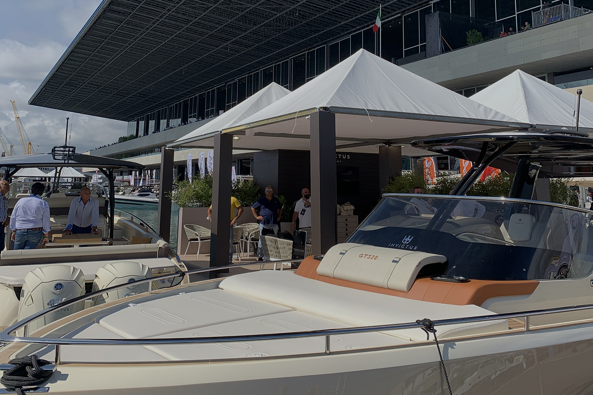 Motor boats displayed at a marine boat show