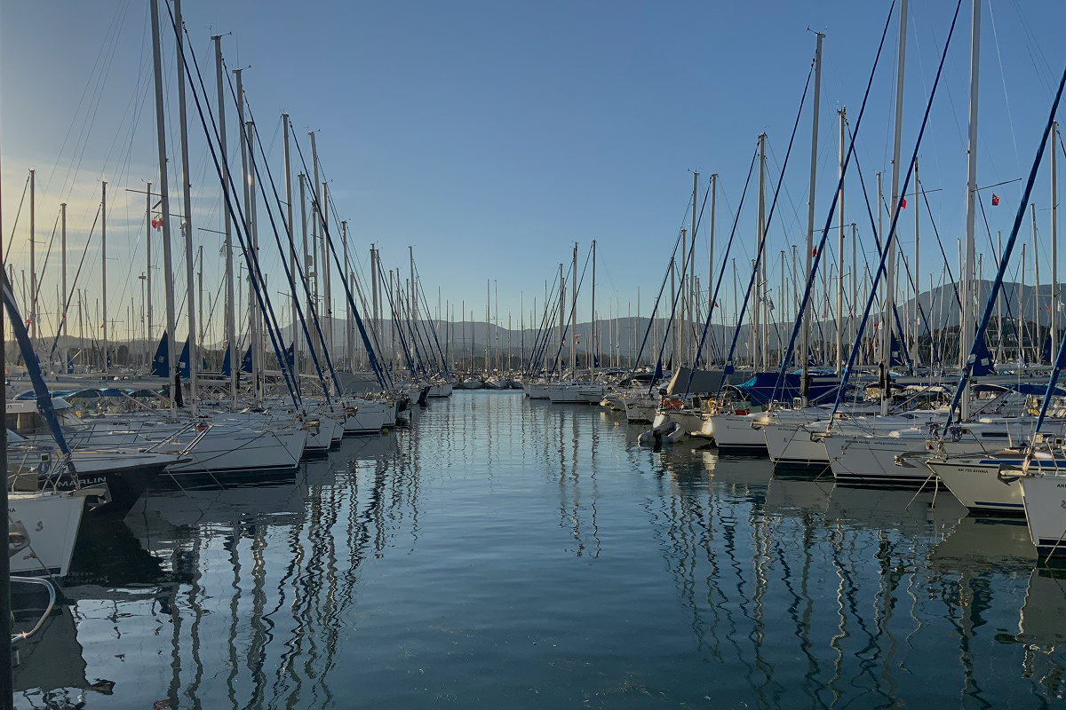 Sailing boats moored together in a marina