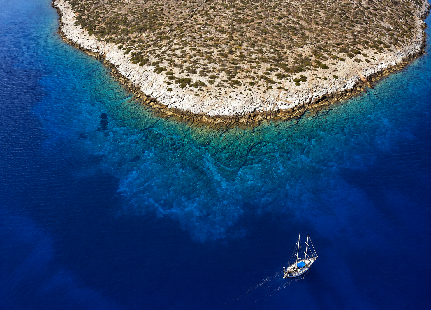 Mediterranean coastline, turquoise shallows and a sailboat on deep-blue water.
