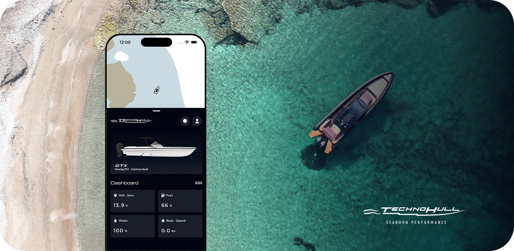 Technohull-branded mobile app beside a Technohull boat on clear coastal water, with Technohull branding