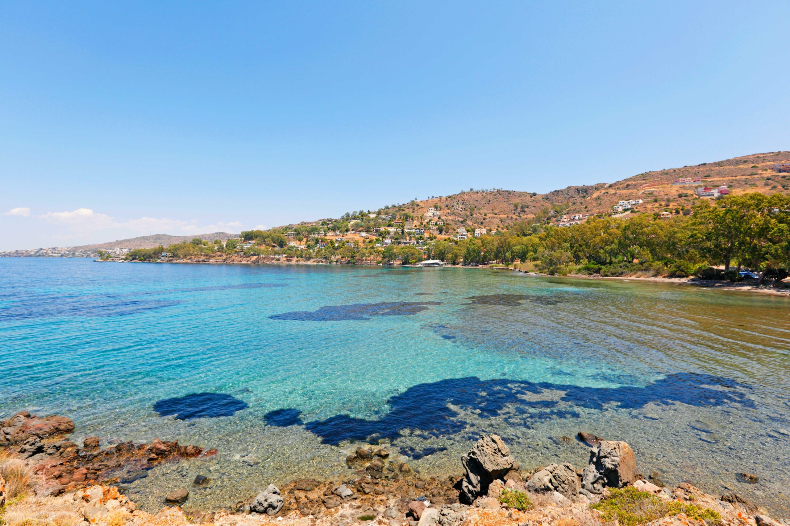Aeginitissa beach with its turquoise sea in Aegina island, Greece