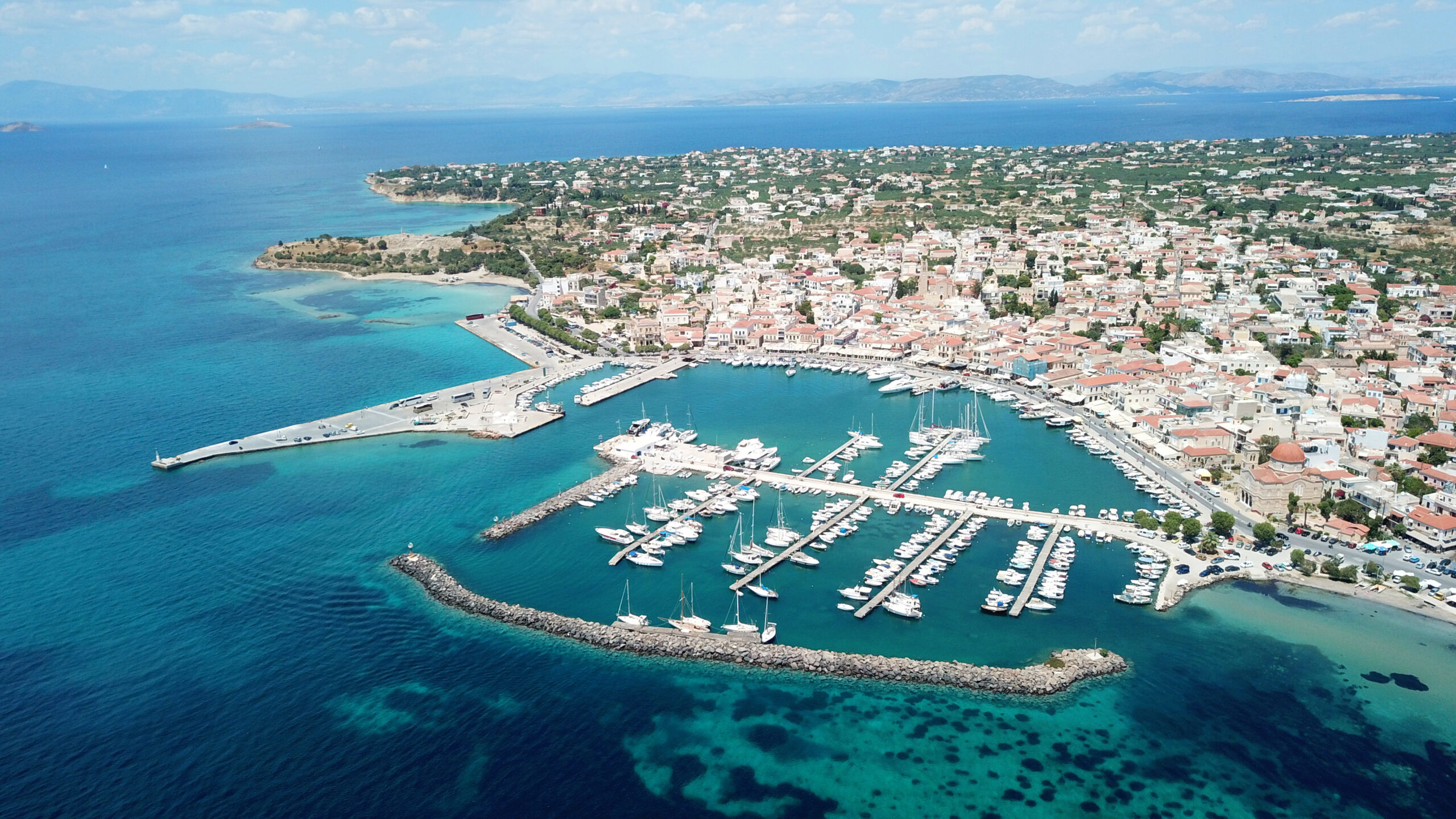 Drone view of the scenic port of Aegina island, Saronic Gulf, Greece