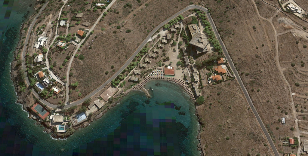The family-friendly, coved shaped Maris beach, in Marathona, Aegina, Greece, as can be seen from satellite view.
Copyrights: Google Inc.