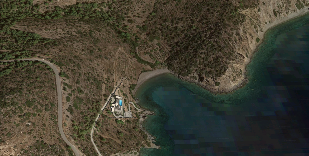 The Souvala Vathi beach in Vathy, Aegina, Greece, as can be seen from the satellite view.
Copyrights: Google Inc.