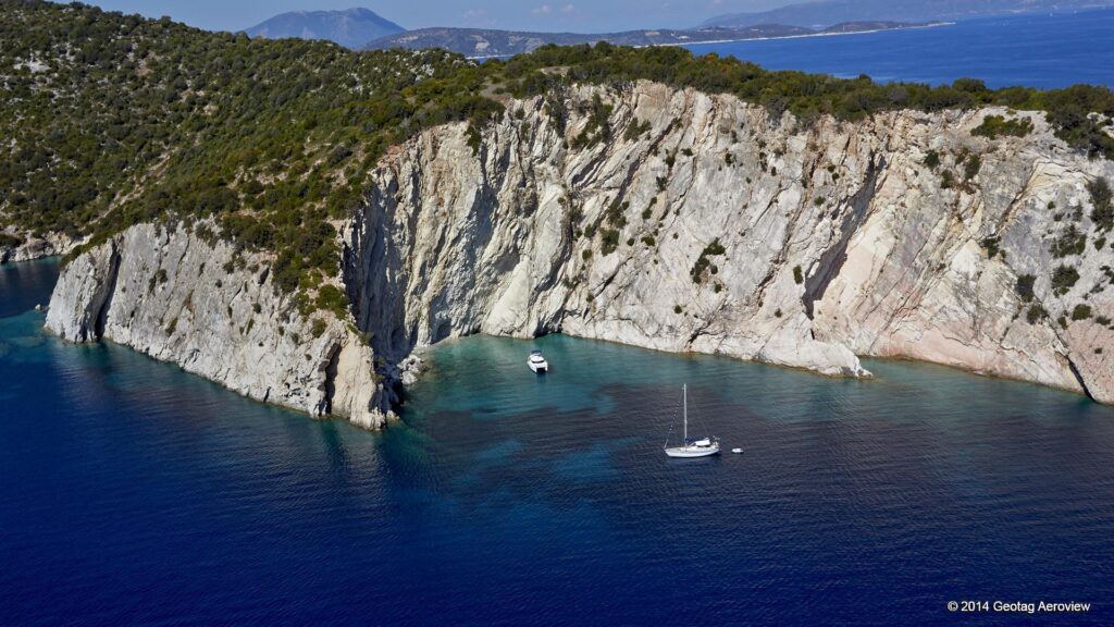 Aerial View of Papageorge's Cove beautifull anchorage - Meganisi Island, Ionian Sea